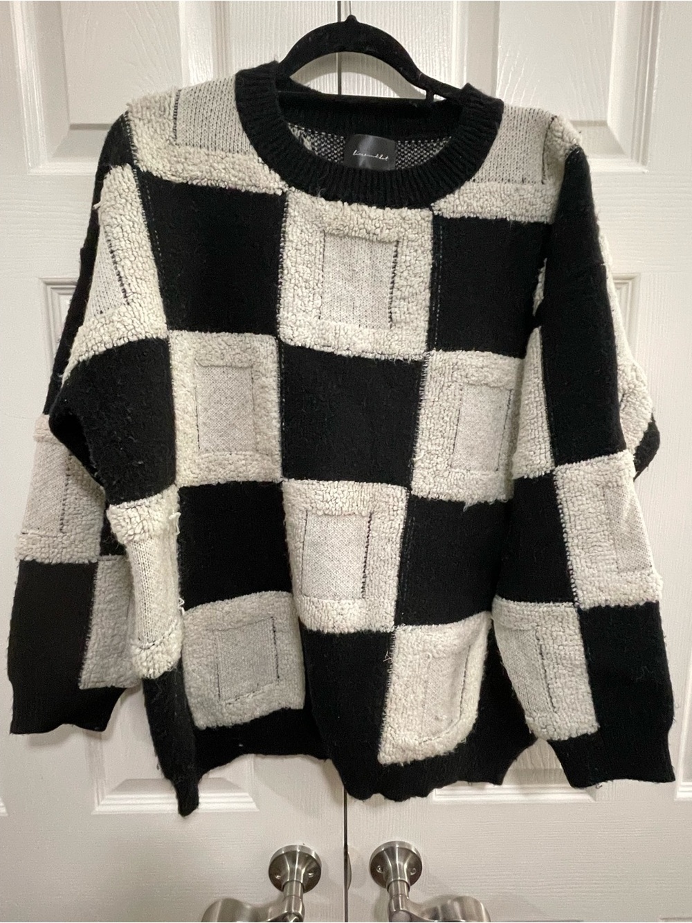 Line & Dot Black and Cream Checkerboard Cozy Knit Sweater